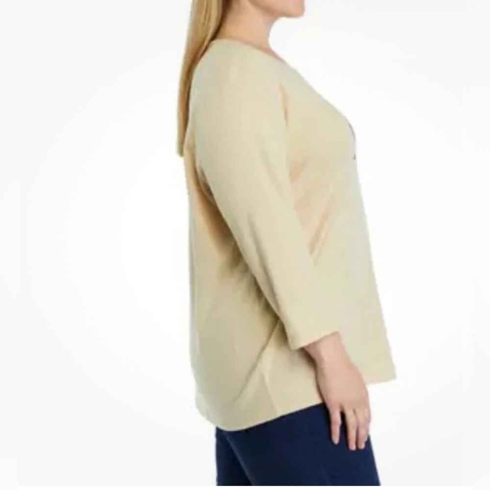 Kim Rogers Perfectly Soft size L 3/4 Sleeve Cat Graphic Top NWOT Beige crew-neck - Picture 8 of 16